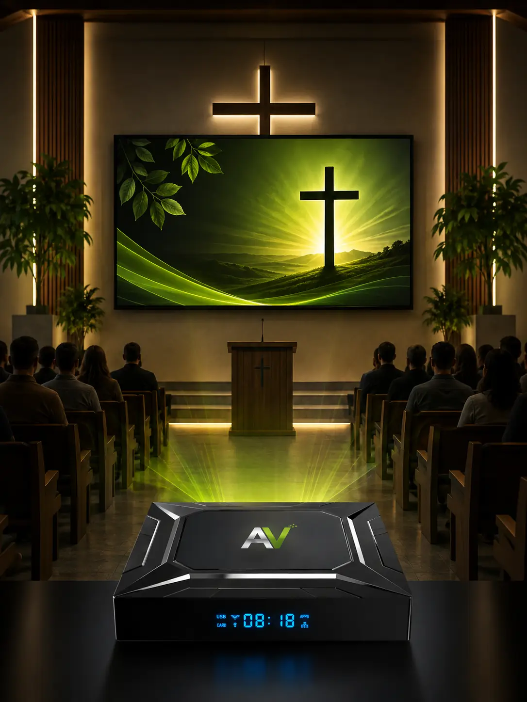 Modern Sanctuary with Green Cross Display