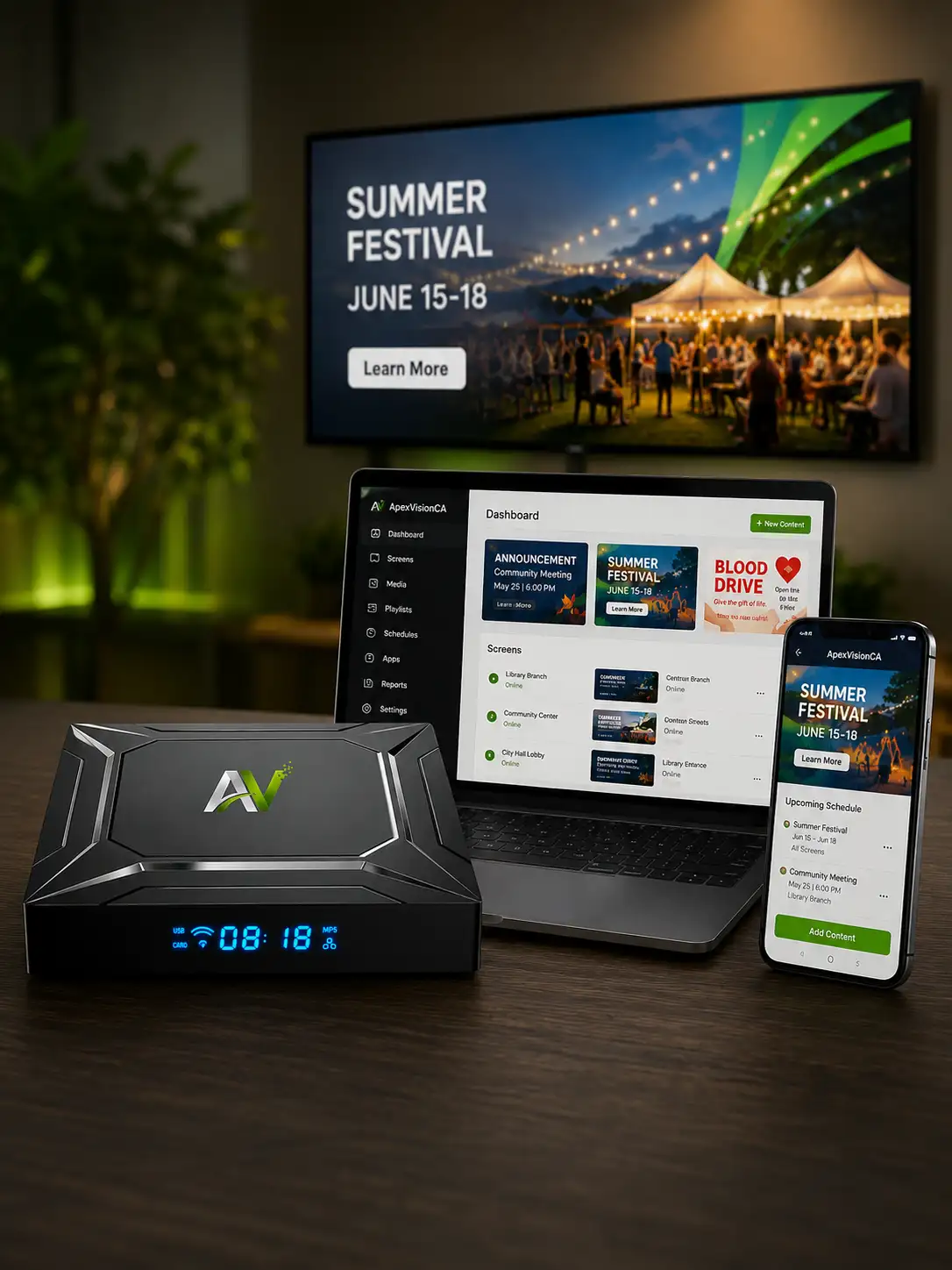 For Assisted Living you can use our ApexVision CA Digital Signage Devices.