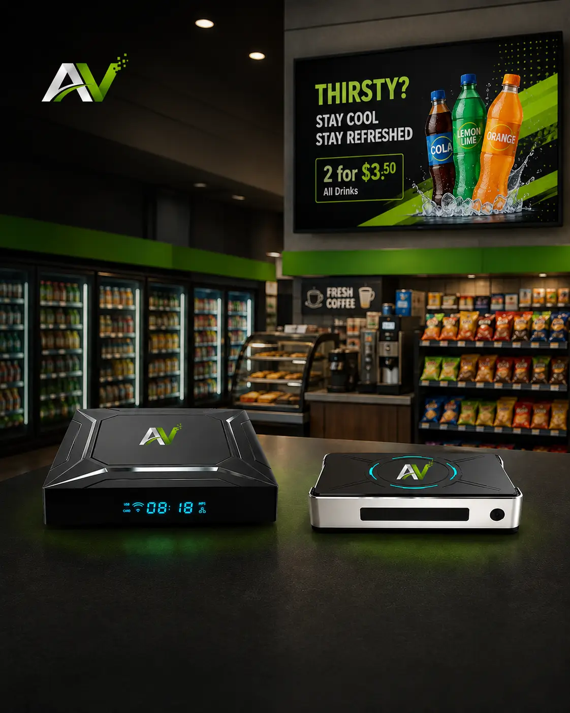 For Conenience stores you can use our ApexVision CA Digital Signage Devices.